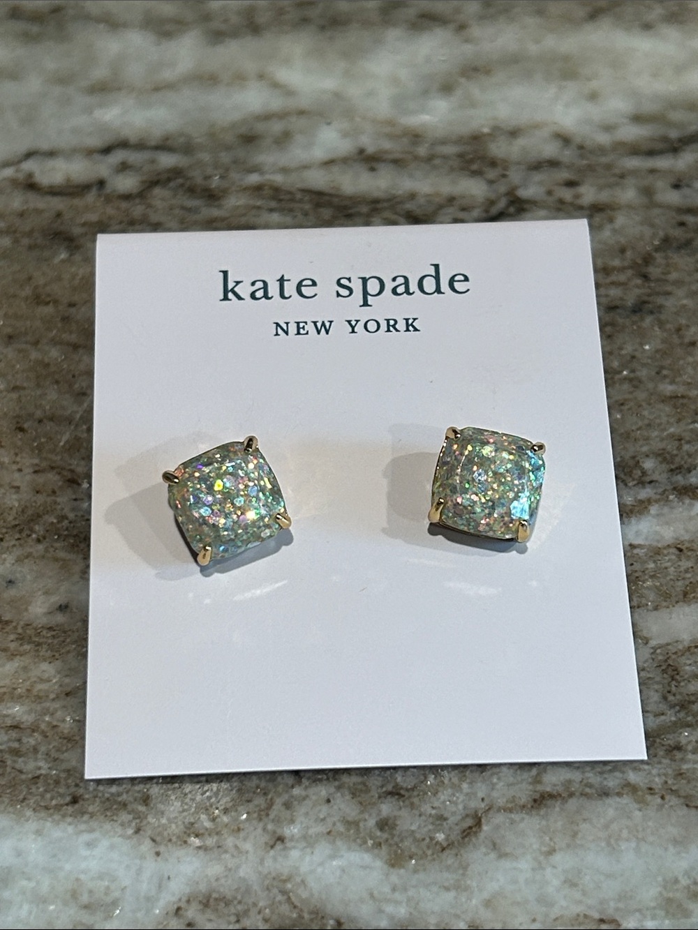 kate spade Glitter Opal Square Stud Earrings Iridescent White new pierced ear